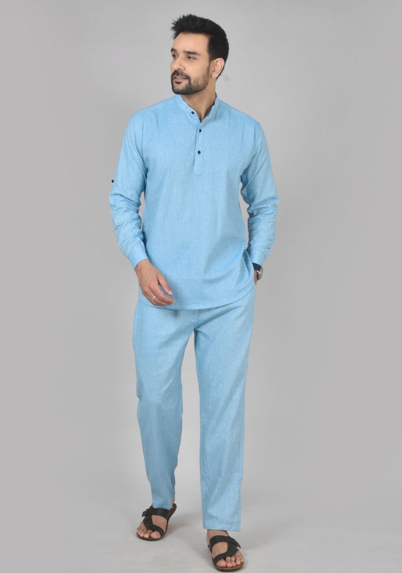 Men Cotton Solid Co-ord Set Sky Blue-50220