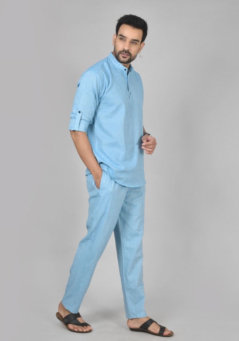 Men Cotton Solid Co-ord Set Sky Blue-50220