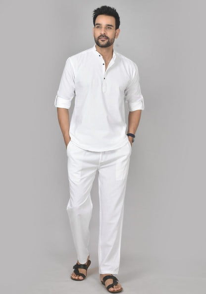 Men Cotton Solid Co-ord Set White-50214