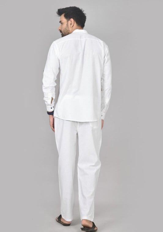 Men Cotton Solid Co-ord Set White-50214
