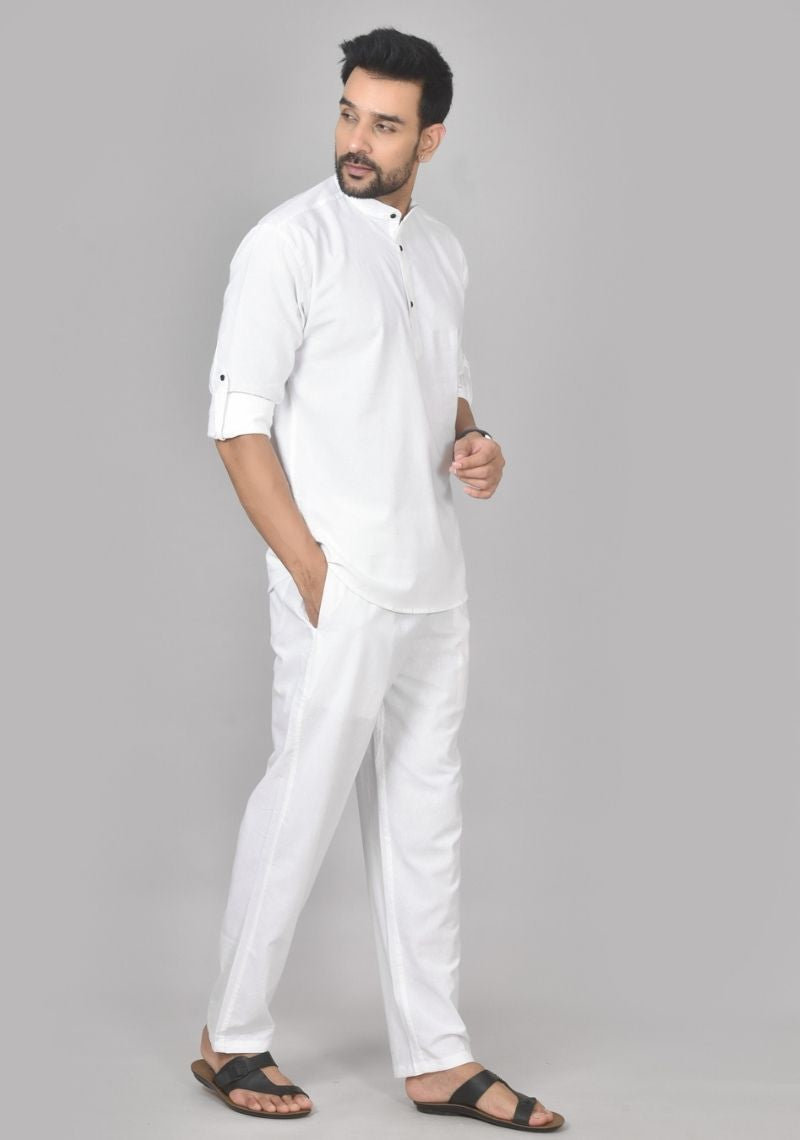 Men Cotton Solid Co-ord Set White-50214