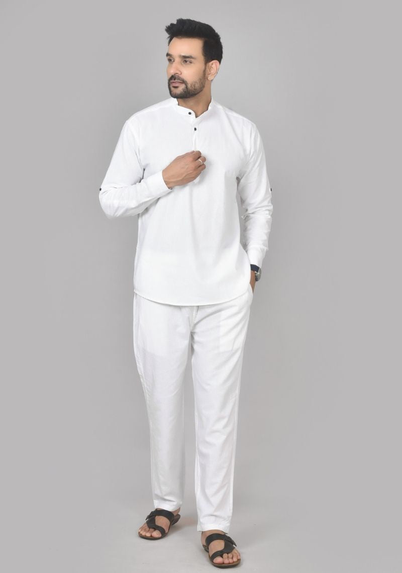 Men Cotton Solid Co-ord Set White-50214