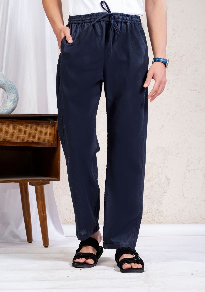 Navy Blue Cotton Linen Loose Fit Men Pant-49524