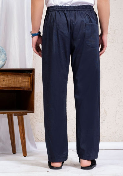 Navy Blue Cotton Linen Loose Fit Men Pant-49524
