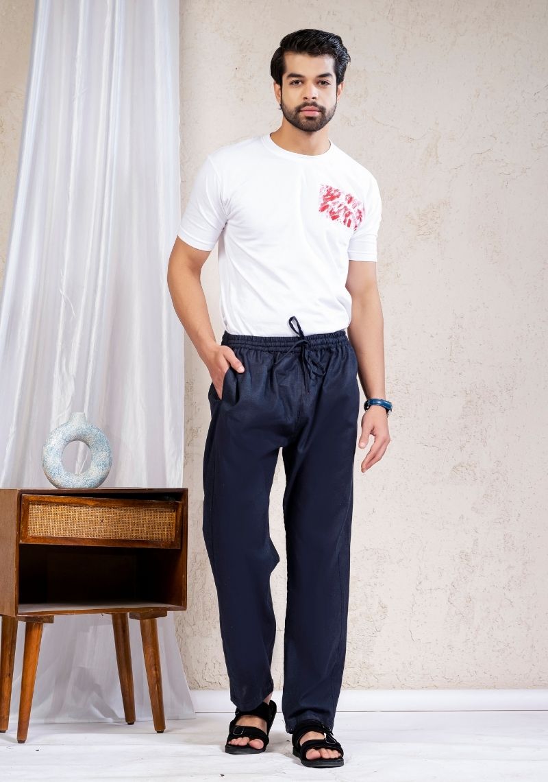 Navy Blue Cotton Linen Loose Fit Men Pant-49524
