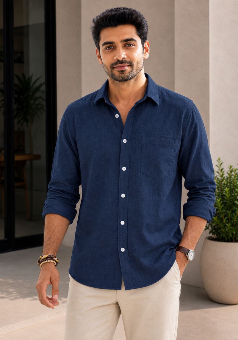 Navy Blue Linen Relaxed Fit Full Sleeve Shirt-51875