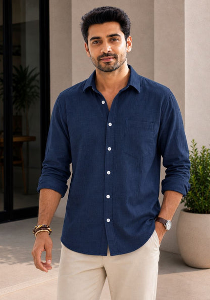 Navy Blue Linen Relaxed Fit Full Sleeve Shirt-51875