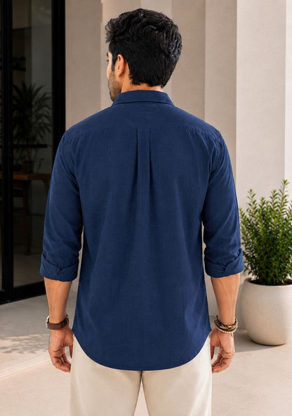 Navy Blue Linen Relaxed Fit Full Sleeve Shirt-51875