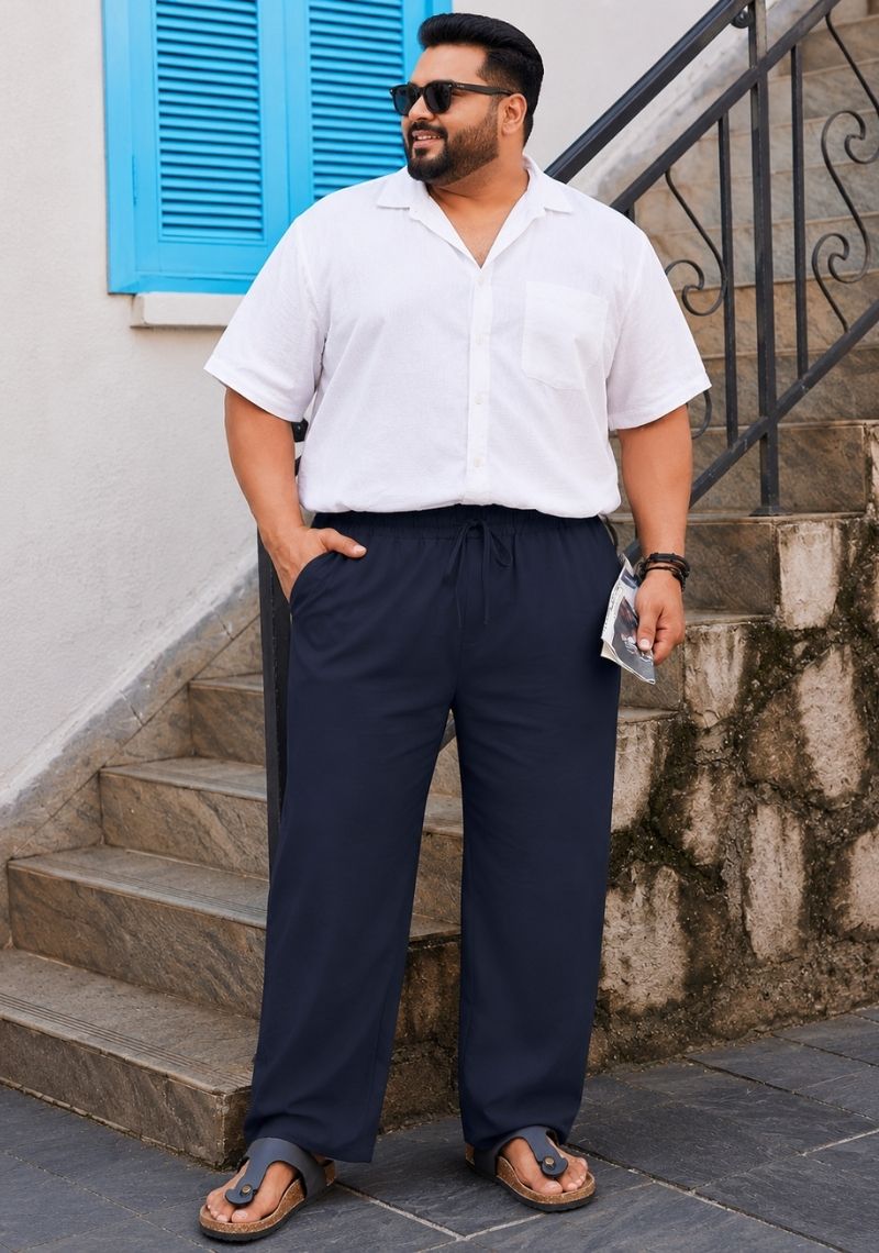 Navy Blue Linen Plus SIze Relaxed Fit Men Pant-51555