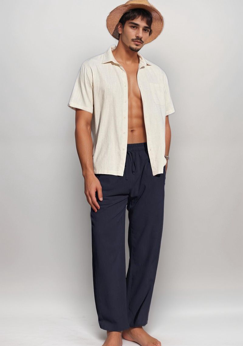 Navy Blue Linen Loose Fit Men Pant-49495
