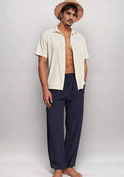 Navy Blue Linen Loose Fit Men Pant-49495