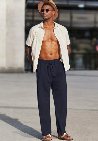 Navy Blue Linen Loose Fit Men Pant-49495