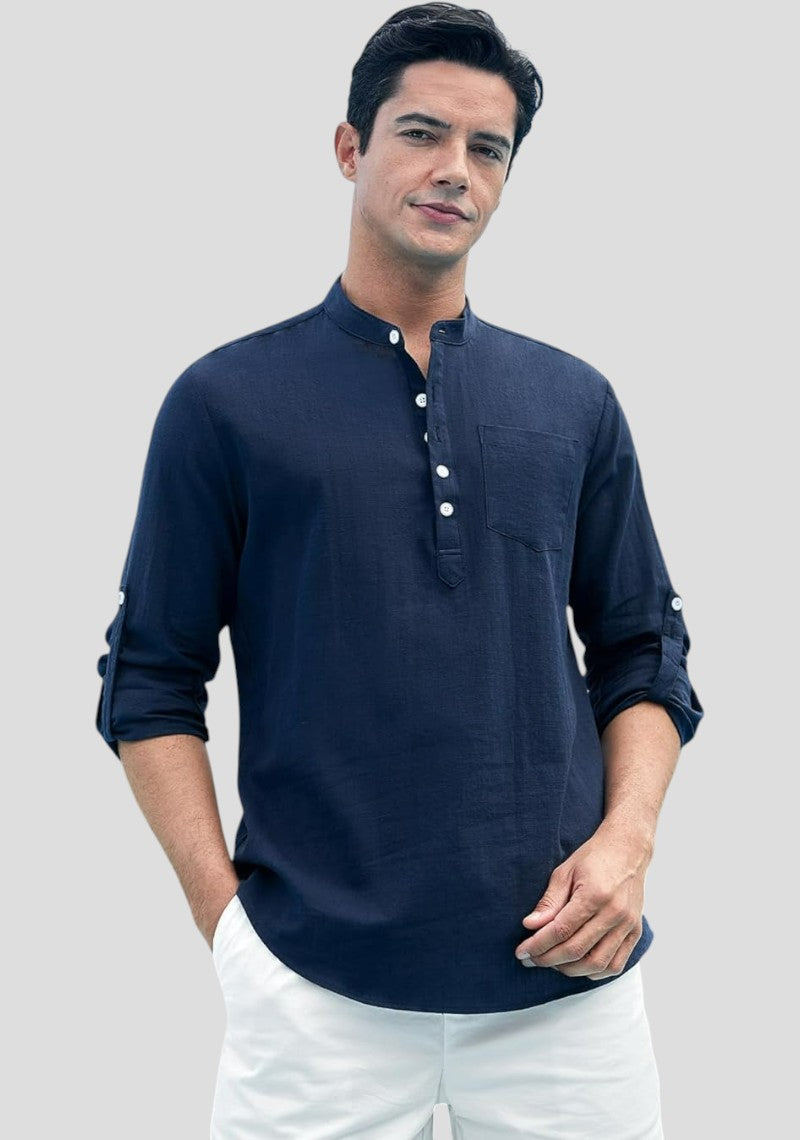 Navy Blue Linen Solid Short Kurta-50840