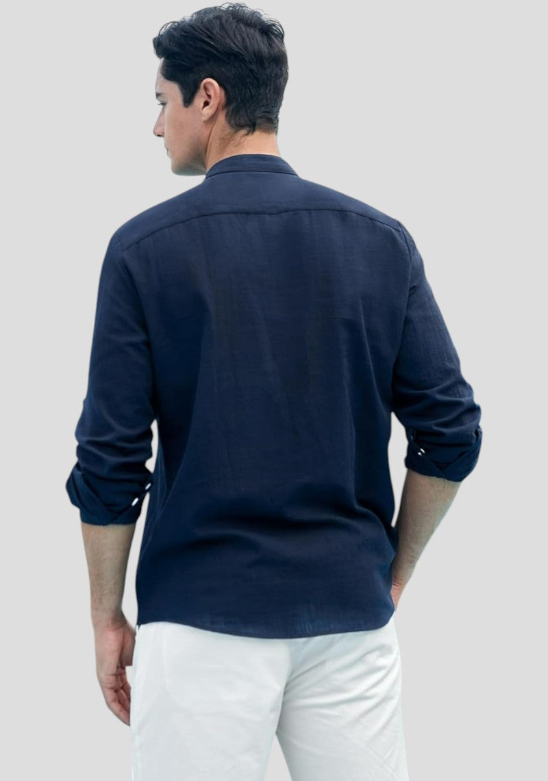 Navy Blue Linen Solid Short Kurta-50840
