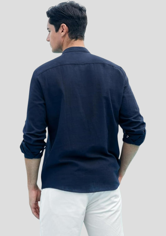 Navy Blue Linen Solid Short Kurta-50840