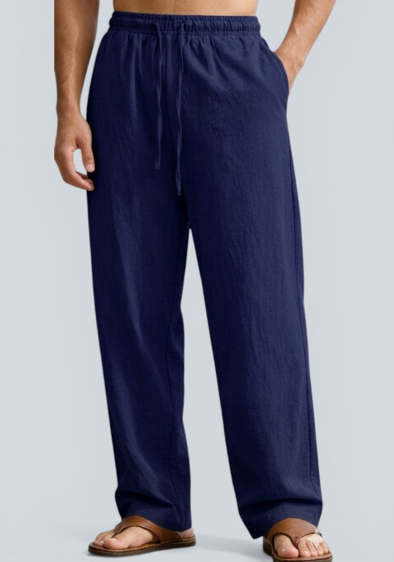 Navy Blue Premium Linen Relaxed Fit Loose Fit Men Pant-50873