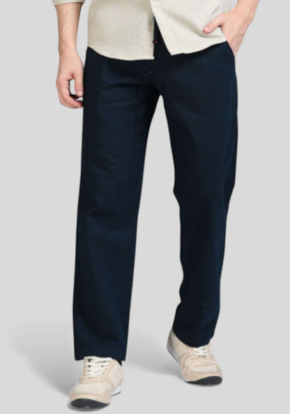 Navy Blue Premium Linen Relaxed Fit Loose Fit Men Trouser-50477