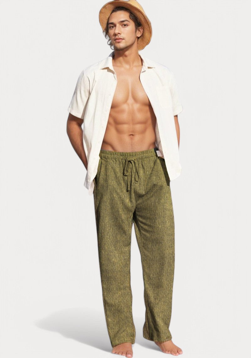 Olive Green Cotton Linen Loose Fit Men Pant-49514