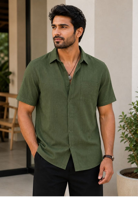 Olive Green Linen Relaxed Fit Half Sleeve Shirt-51707