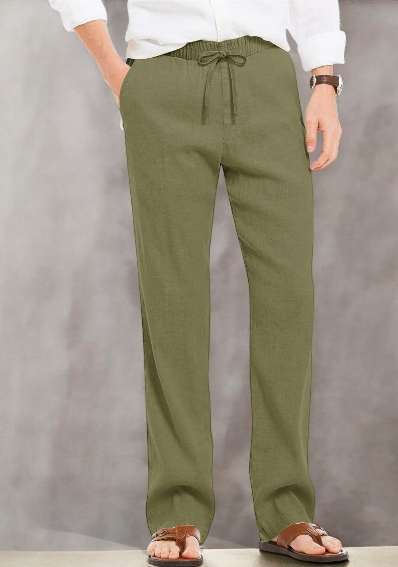 Olive Green Linen Loose Fit Men Pant-49503