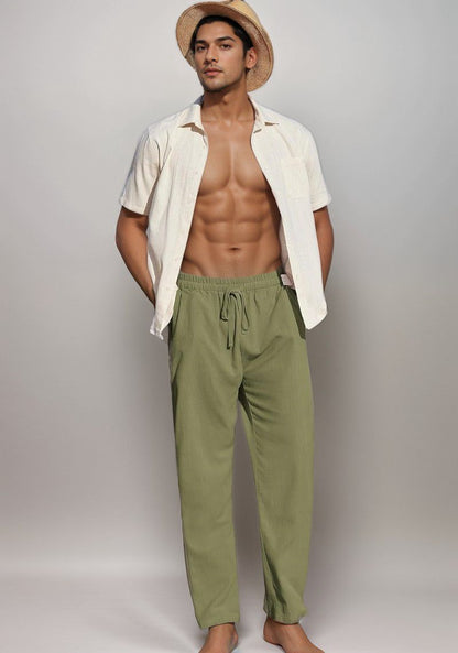 Olive Green Linen Loose Fit Men Pant-49503