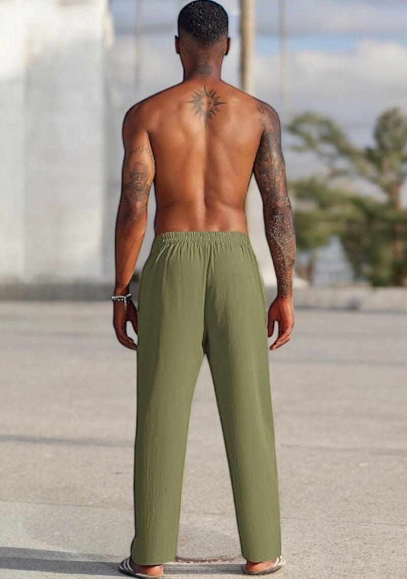 Combo of 2 Linen Loose Fit Men Pant Olive Green and Beige-49581