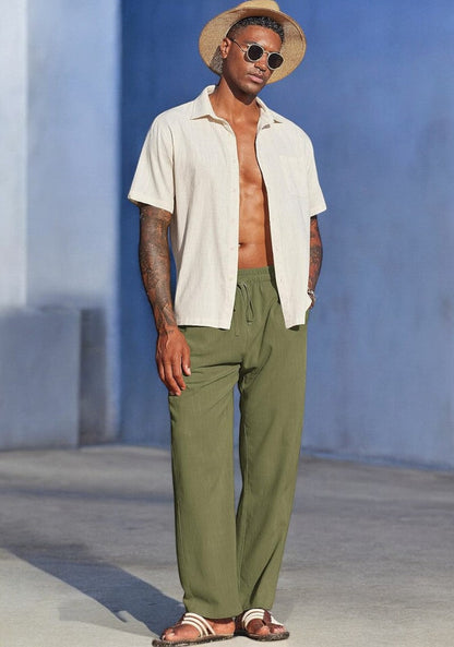 Olive Green Linen Loose Fit Men Pant-49503