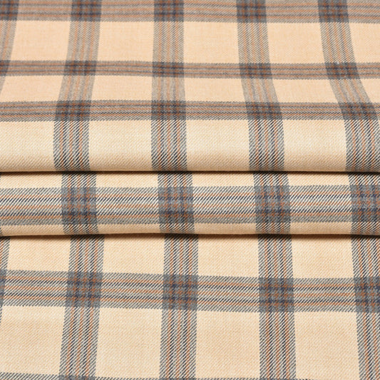 Beige Brown Checks Tweed Wool Fabric-90756