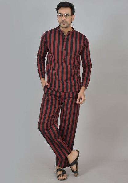 Men Cotton Stripe Co-ord Set Wine Black-48585
