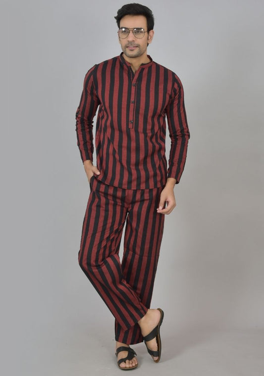 Men Cotton Stripe Co-ord Set Wine Black-48585