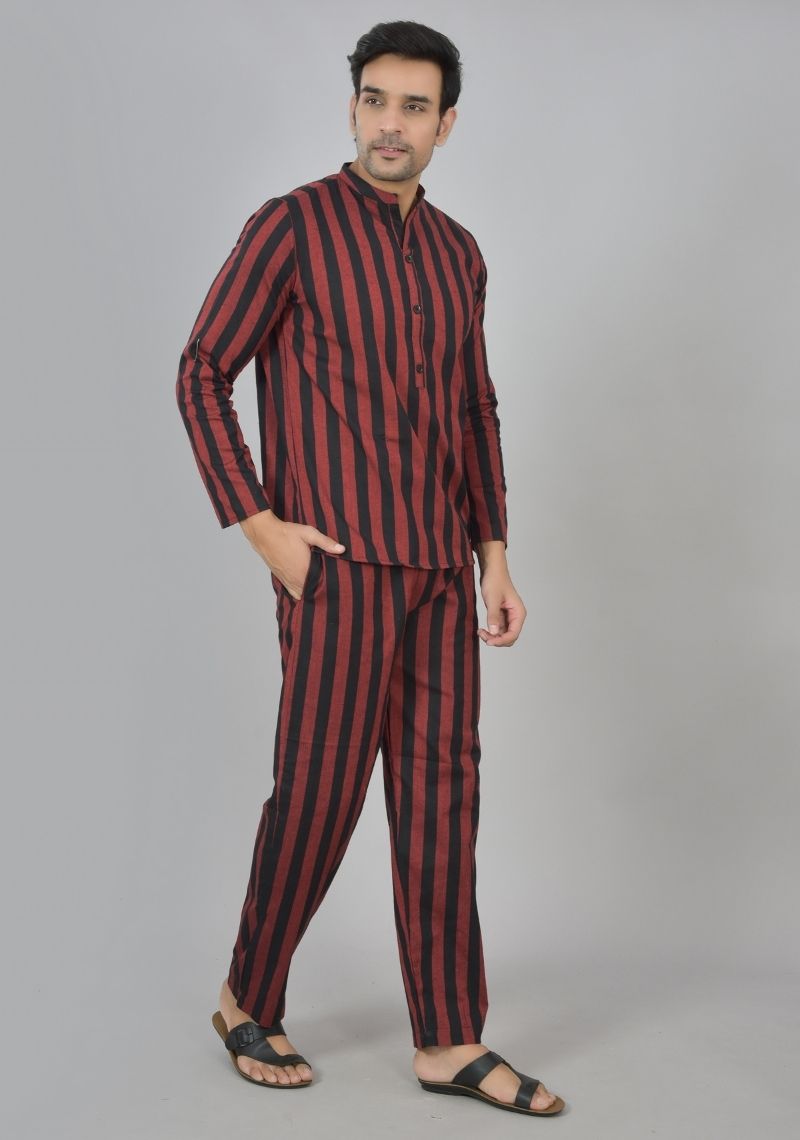 Men Cotton Stripe Co-ord Set Wine Black-48585