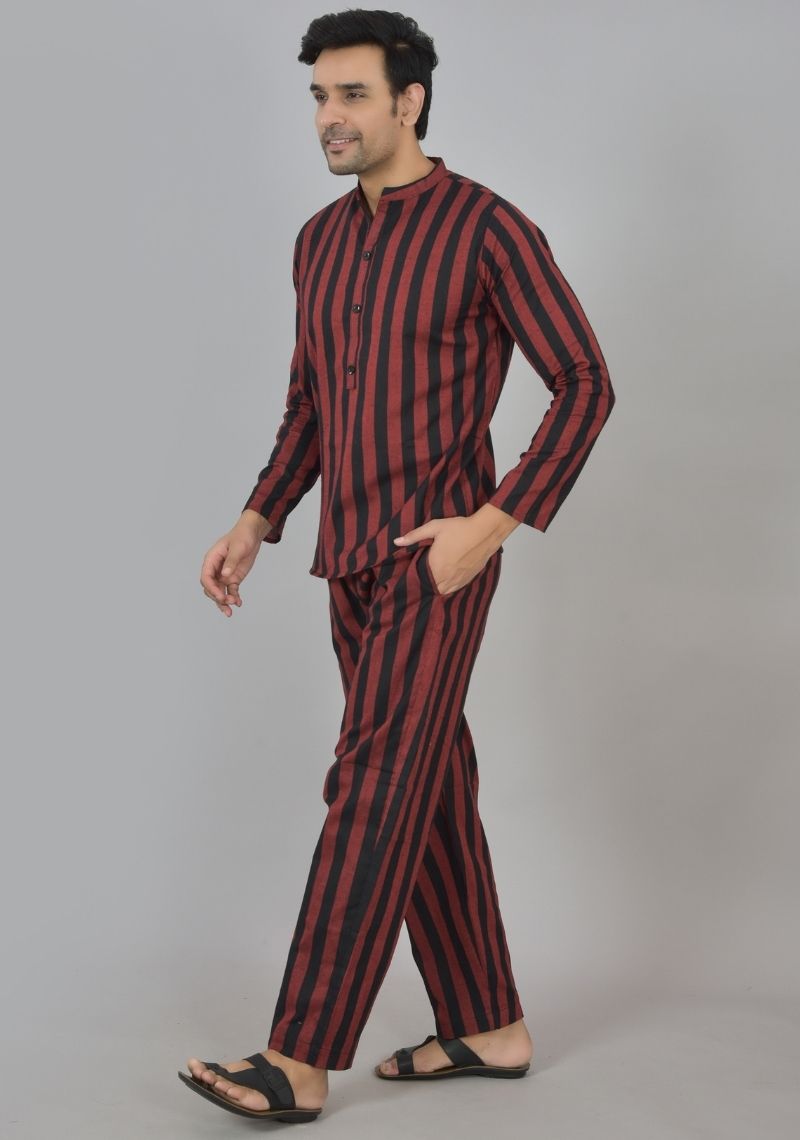 Men Cotton Stripe Co-ord Set Wine Black-48585