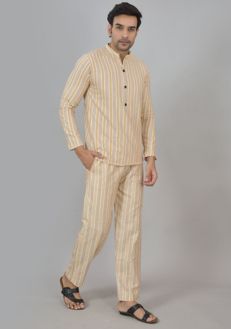 Men Cotton Stripe Co-ord Set Yellow Beige-48586