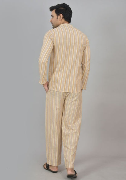 Men Cotton Stripe Co-ord Set Yellow Beige-48586