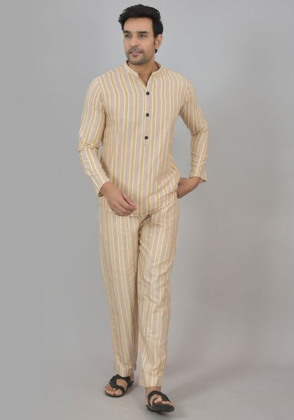 Men Cotton Stripe Co-ord Set Yellow Beige-48586