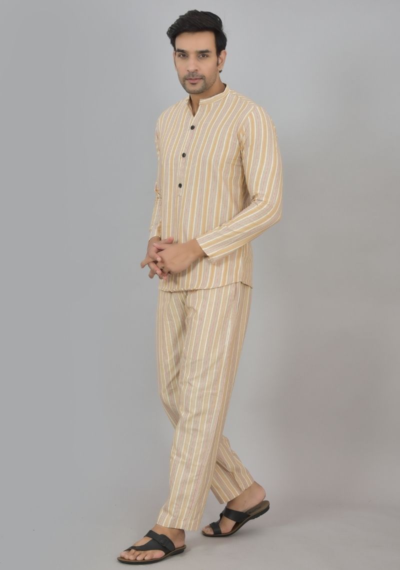 Men Cotton Stripe Co-ord Set Yellow Beige-48586