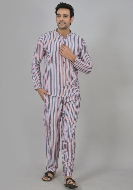 Men Cotton Stripe Co-ord Set Pink Black-48587