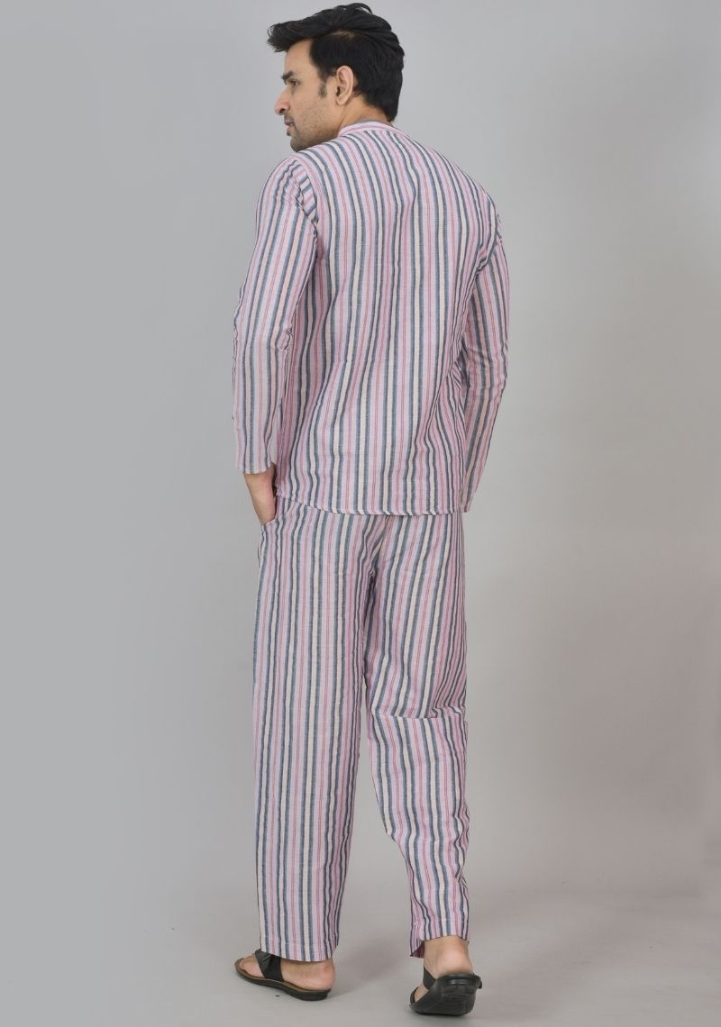 Men Cotton Stripe Co-ord Set Pink Black-48587