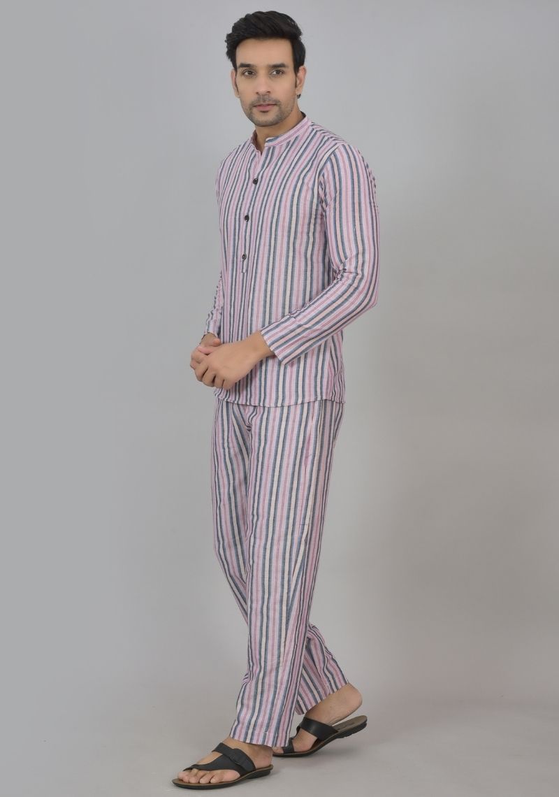Men Cotton Stripe Co-ord Set Pink Black-48587