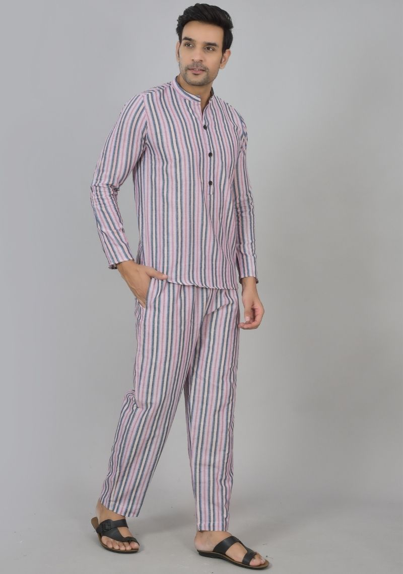 Men Cotton Stripe Co-ord Set Pink Black-48587
