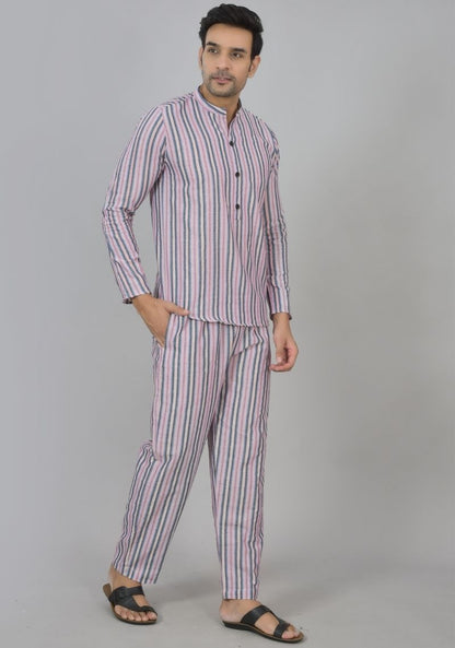 Men Cotton Stripe Co-ord Set Pink Black-48587