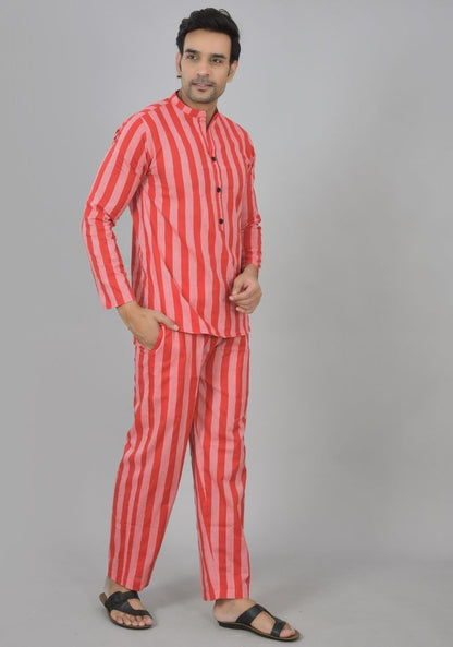 Men Cotton Stripe Co-ord Set Red Pink-48590