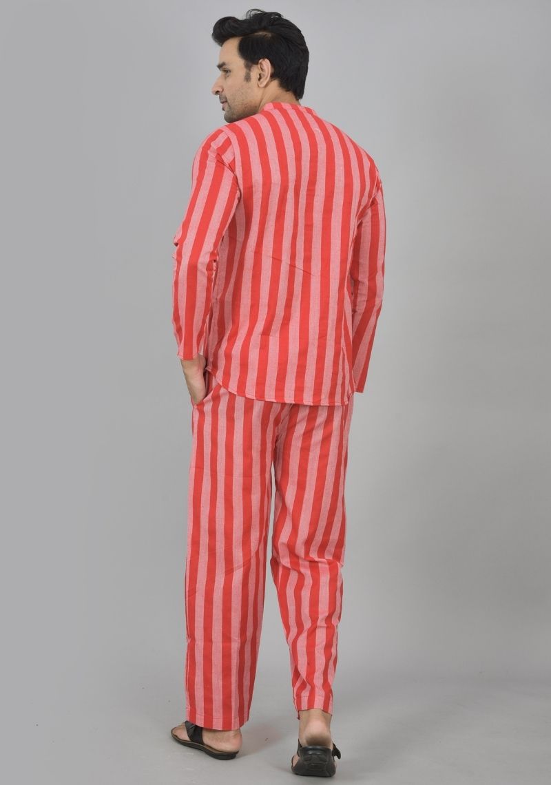 Men Cotton Stripe Co-ord Set Red Pink-48590