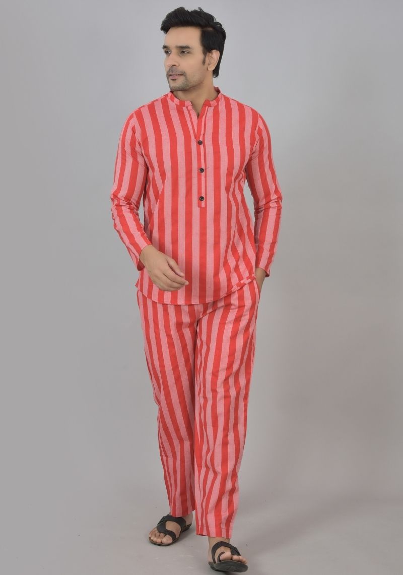 Men Cotton Stripe Co-ord Set Red Pink-48590