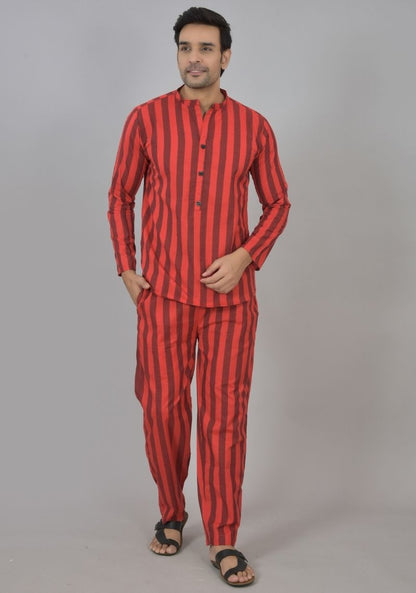 Men Cotton Stripe Co-ord Set Maroon Red-48591