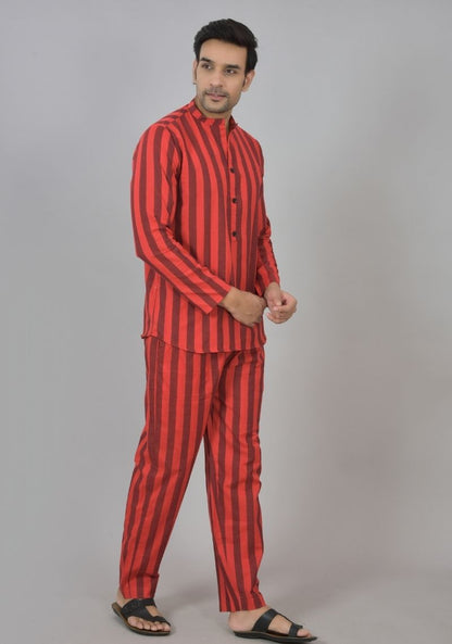 Men Cotton Stripe Co-ord Set Maroon Red-48591