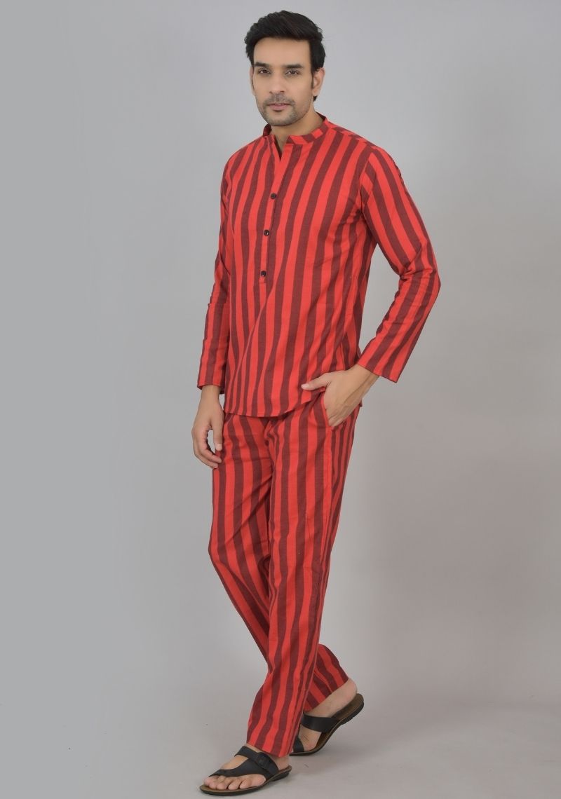 Men Cotton Stripe Co-ord Set Maroon Red-48591