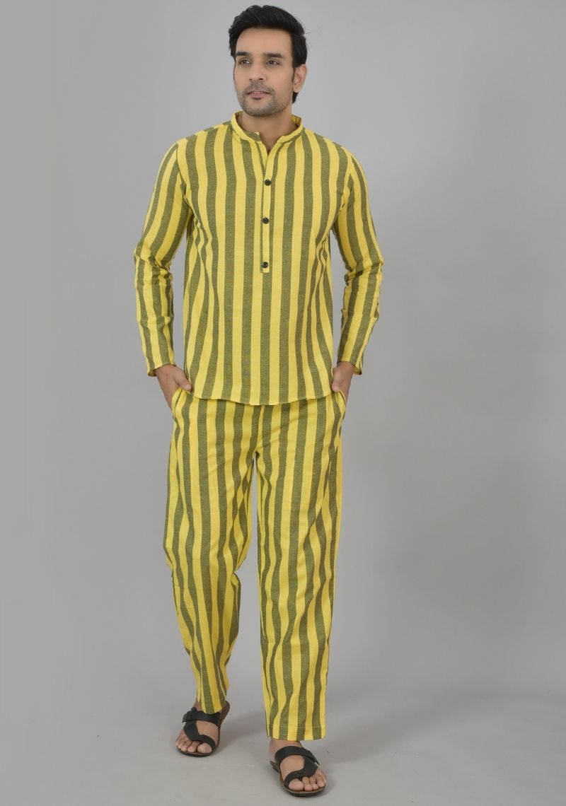 Men Cotton Stripe Co-ord Set Yellow Brown-48592