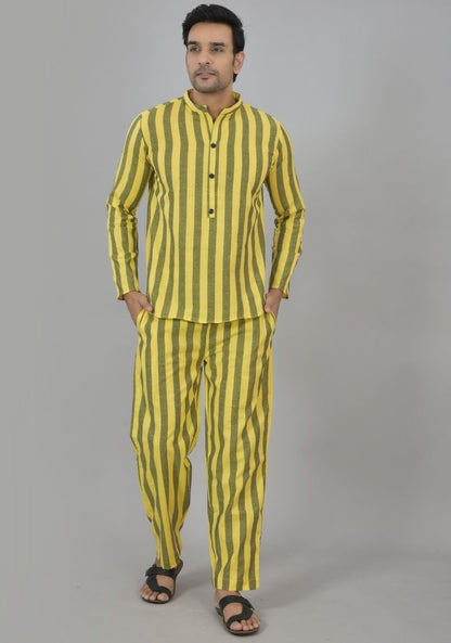 Men Cotton Stripe Co-ord Set Yellow Brown-48592