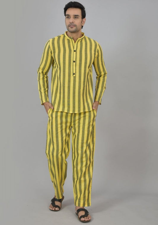 Men Cotton Stripe Co-ord Set Yellow Brown-48592